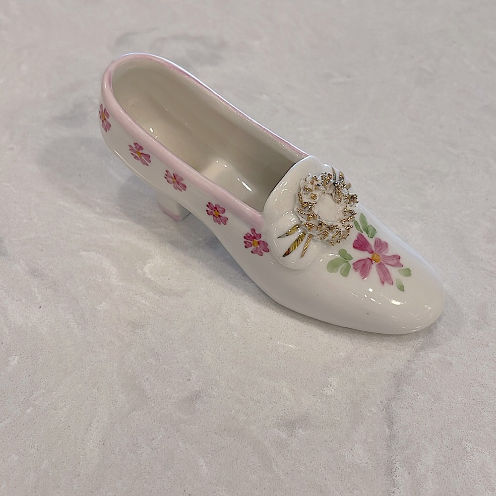 Vintage, Irish Dresden, porcelain, “Pink Lady” shoe with Cinderella heel! Sweet!